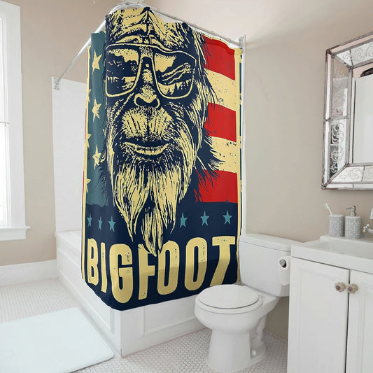 Bigfoot American Flag Shower Curtain Waterproof Polyester Fabric Shower Curtain Set With Hooks